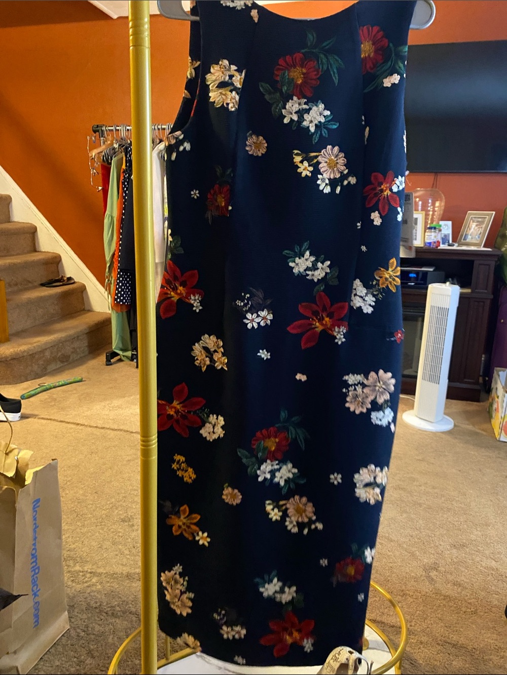 Zara Navy Midi Dress with Red, White, Yellow & Green Floral Print